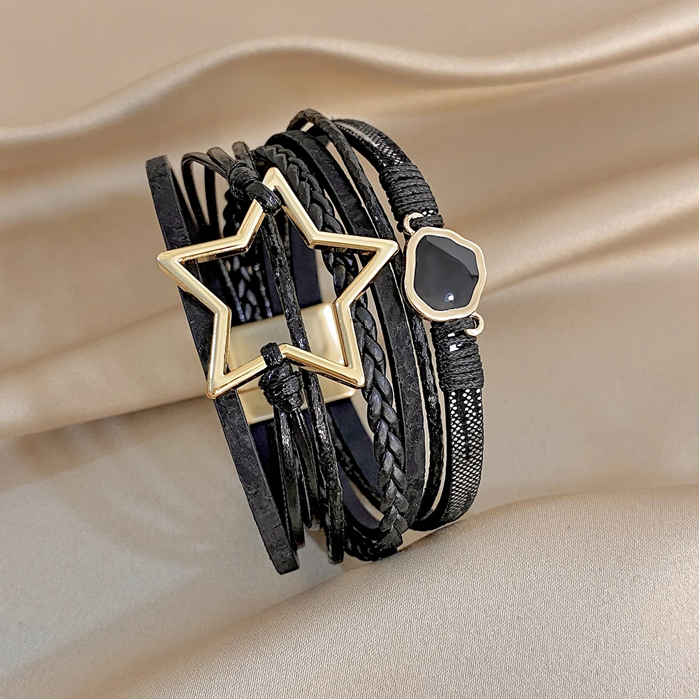 ALLYES Vintage Armband aus gewebtem Leder mit ausgehöhltem Stern für Damen, klobiges Boho-Mehrschicht-Armband, breites Wickelarmband, Charm-Schmuck – Detail 19