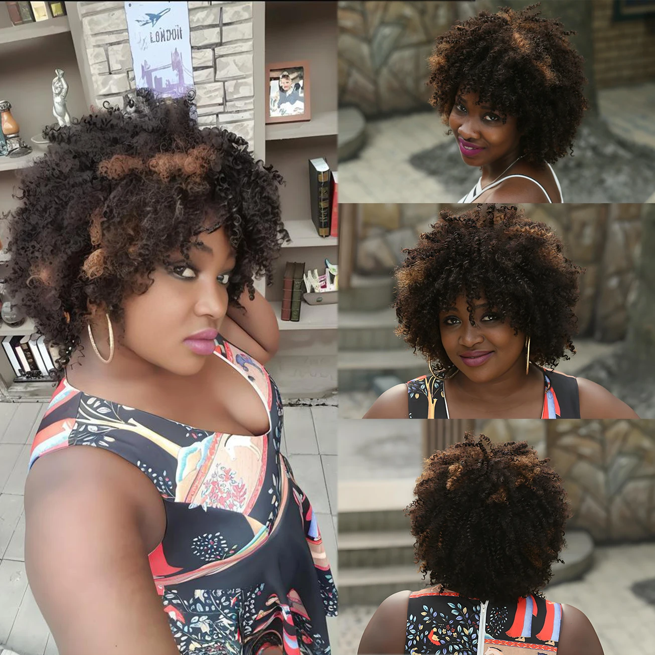 African Fashion Synthetic Curly Hair Wig Short Hair Bangs Mixed Brown Women Black Natural African High Temperature Hair