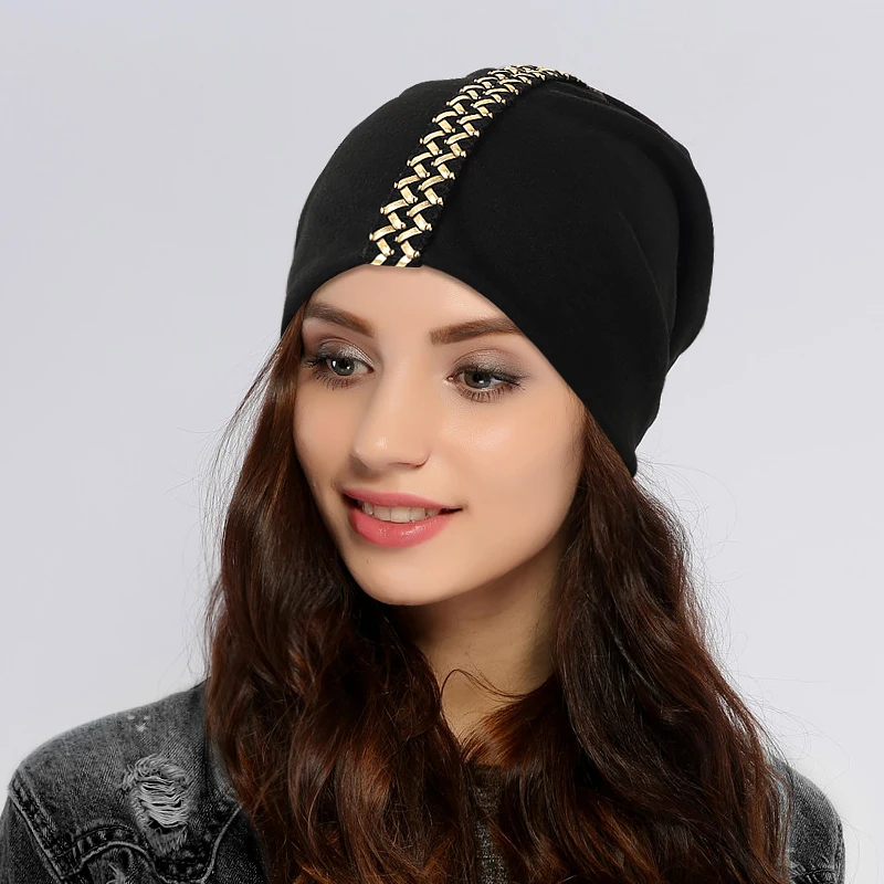 Women Gold Silver Wave Webbing Skullie Beanies Female Bonnets Caps Cotton Stretch Soft Hats Fashion Casual Solid Cap image 4