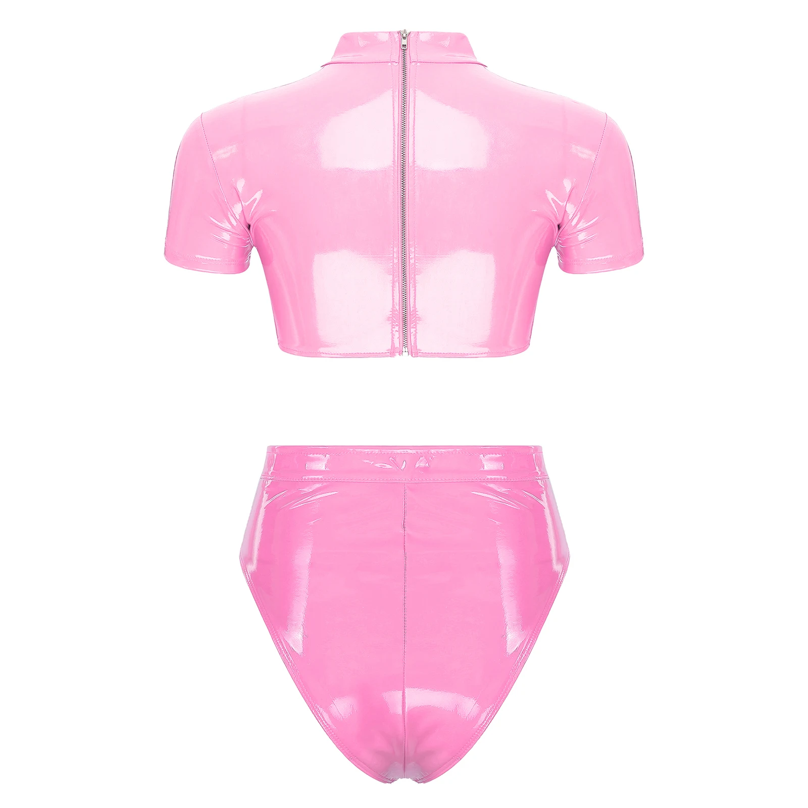 Womens Glossy Patent Leather Two Piece Lingerie Set Clubwear Short Sleeve Cutout Crop Top with High Cut Zipper Crotch Underwear