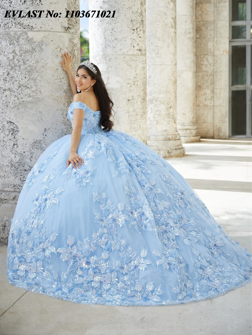 EVLAST-vestido para quinceañeras azul brillante, vestido De baile con hombros descubiertos, Apliques De encaje, corsé De México, dulce 16, Vestidos De XV Anos SQ332