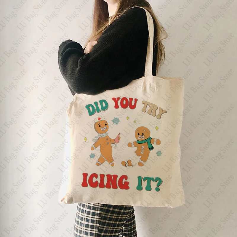 Funny Christmas Nurse Did You Try Icing It Pattern Tote Bag Canvas Shoulder Bags for Daily Commute Women's Reusable Shopping Bag