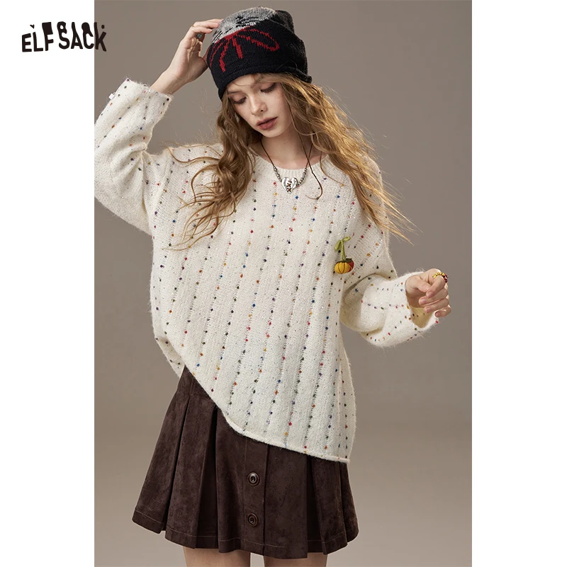 ELFSACK 2025 Winter New Arrivals Casual Cute Little Pumpkin Colorful Bead Loose Fit Sweater For Woman