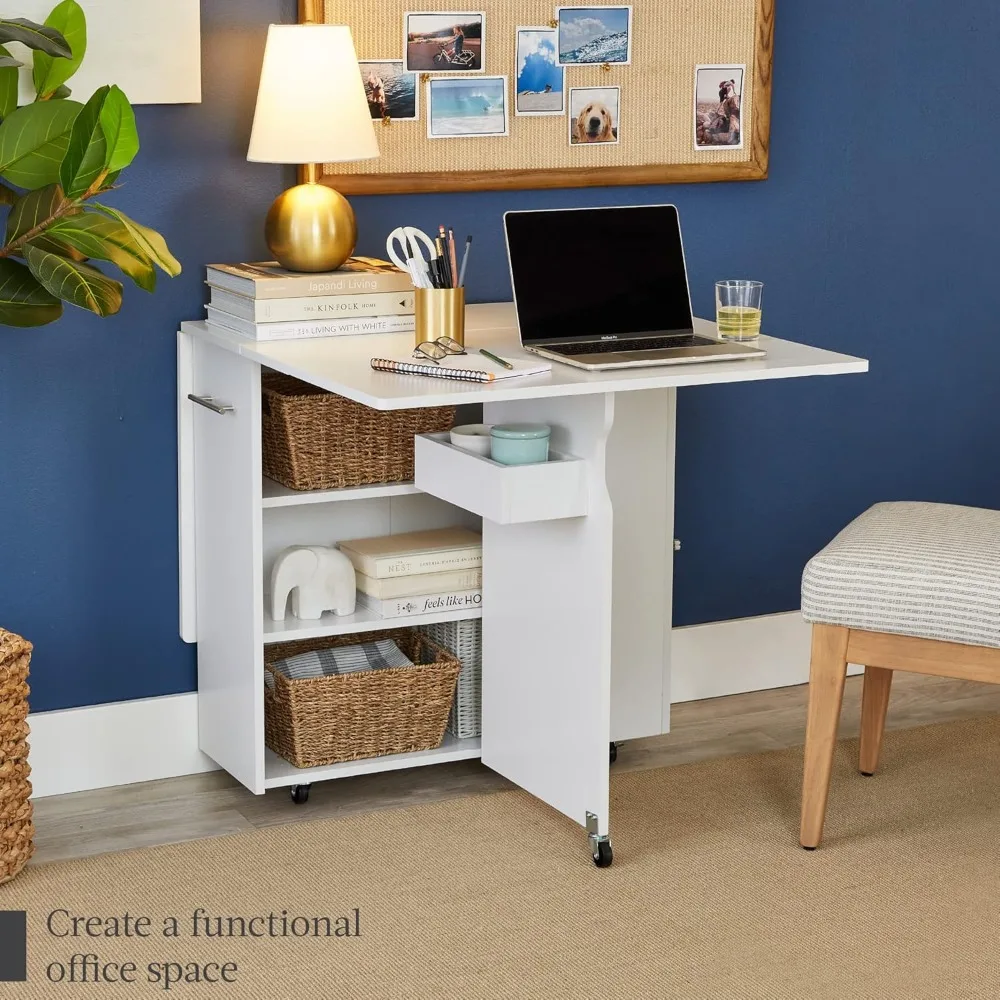 

Folding Dining Table, Multipurpose Space Saving Collapsible Drop Leaf Extension Desk w/Wheels, 3 Storage Shelves - White