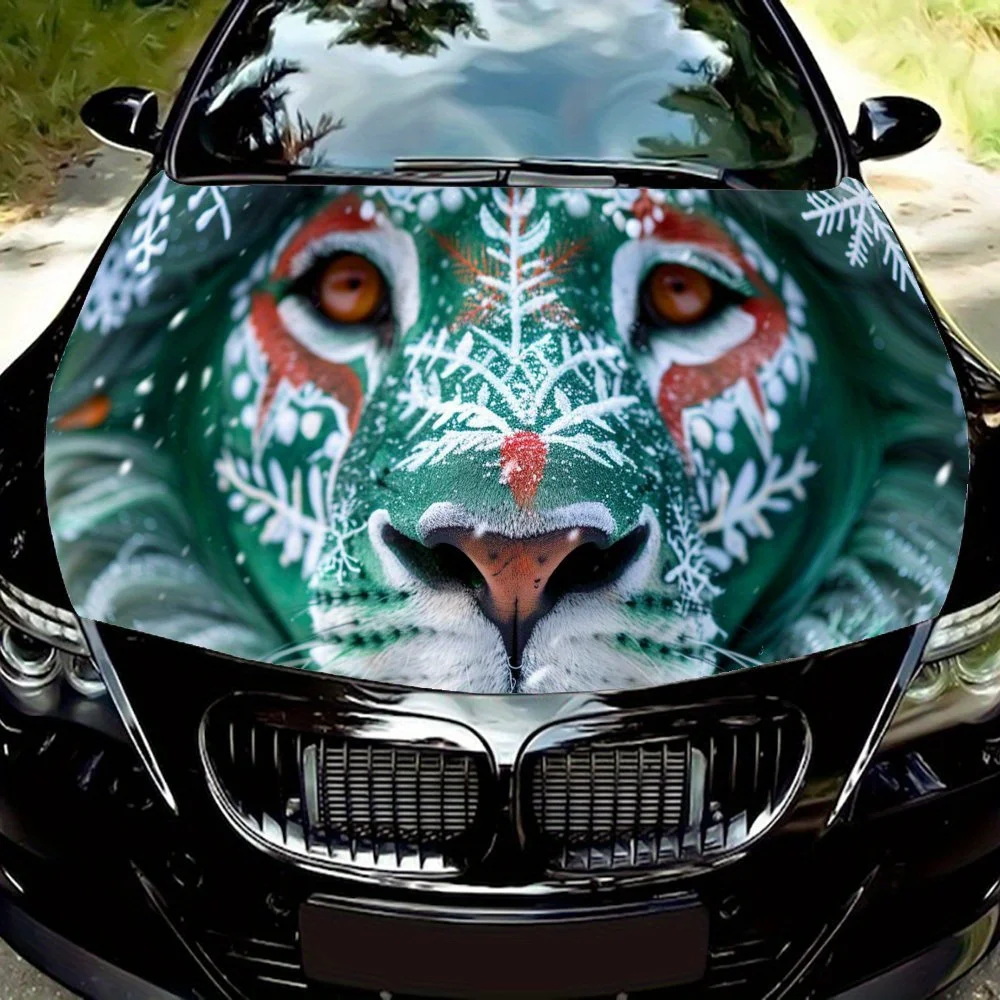 

Christmas - themed Lion Art Car Hood Vinyl Wraps Sticker, Car Engine Decal, Waterproof Self-adhesive Car Packaging Cover, Univer