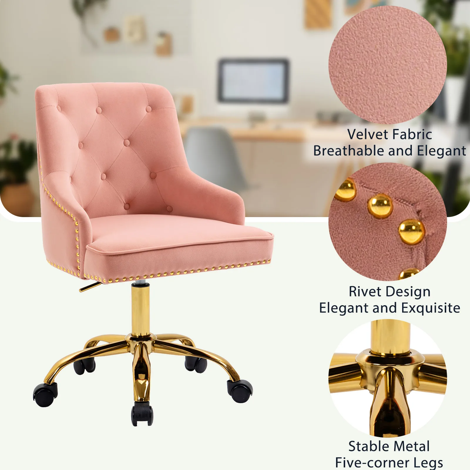 Modern Mid-Back Tufted Office Adjustable Height Computer Chair Velvet Soft Vanity Chair with Rivet and Arm Support Furniture