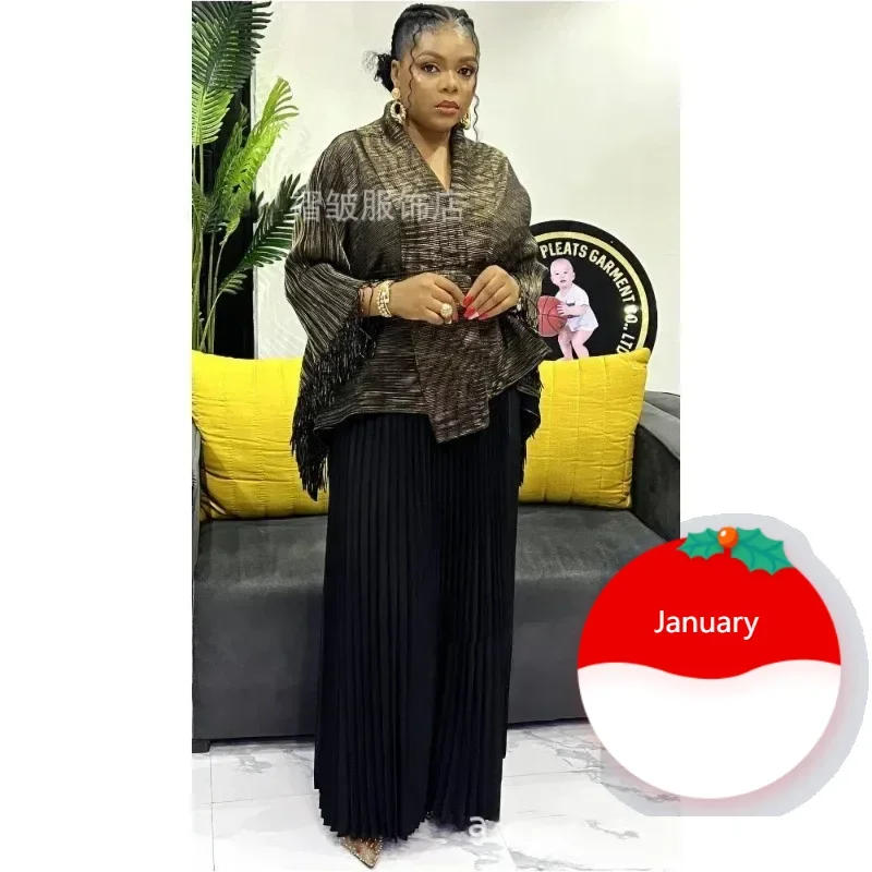 

Pleated 2 Piece Set Women Belt Batwing Sleeves Tassel Printed Tops Solid A-line Long Dresses Fashion Autumn New Sets 6R5208