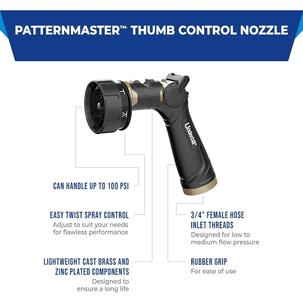 رأس رش فوهة خرطوم مياه للحديقة من سلسلة Underhill Prospray Gold، مدخل خيط 3/4 بوصة، معدن شديد التحمل، قابل للتعديل، T #6