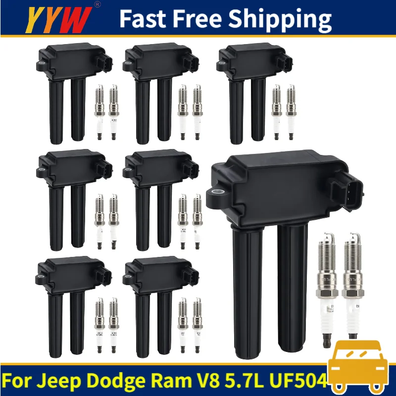 

8PCS OEM Ignition Coil & 16PCS Iridium Spark Plug For Jeep Dodge Ram 1500 2500 3500 4500 5.7L 6.1L 6.2L 6.4L V8 UF504 5C1569