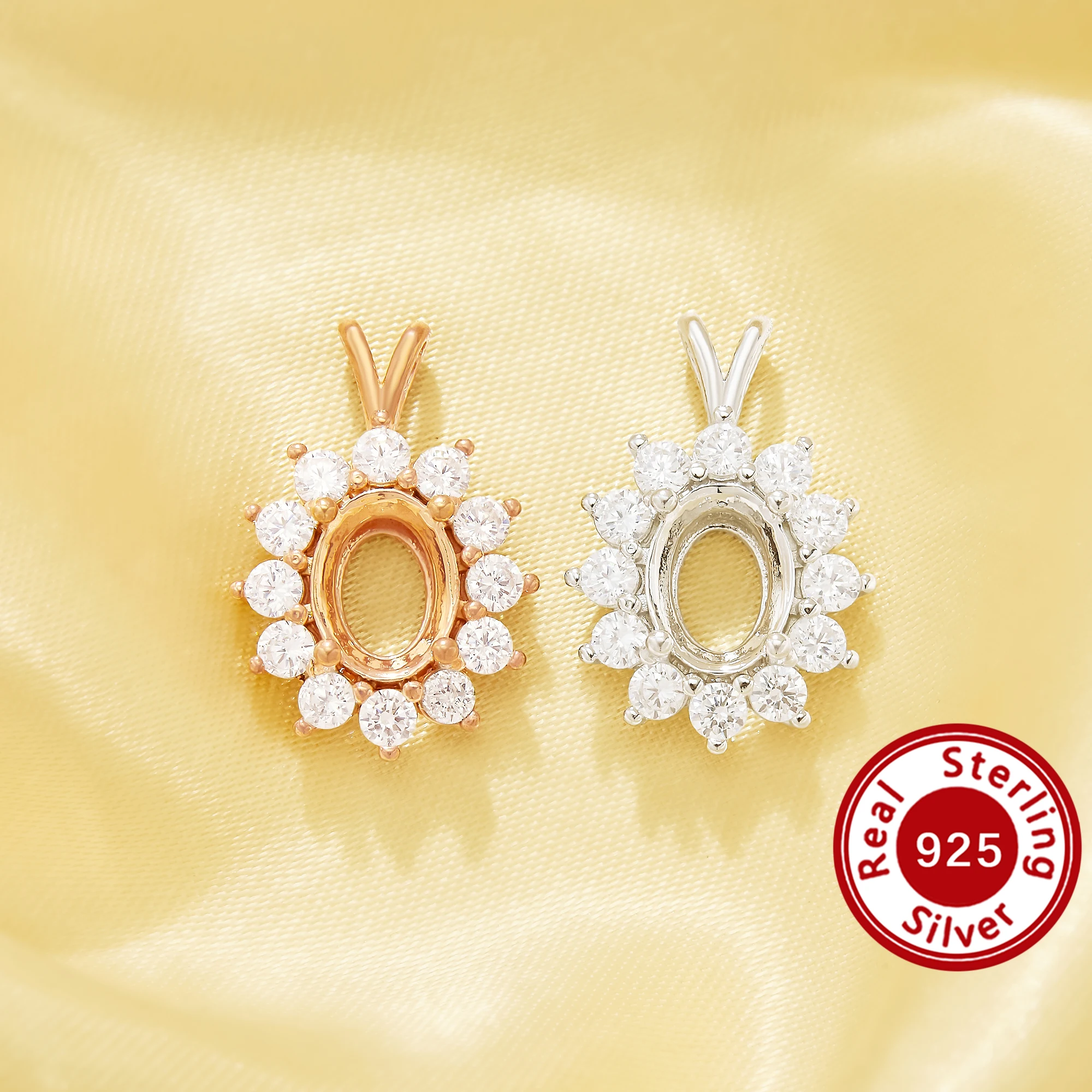 

6x8MM Halo Oval Prong Pendant Settings,Flower Solid 925 Sterling Silver Gold Plated Charm,Vintage Styles Pendant Charm 1421277