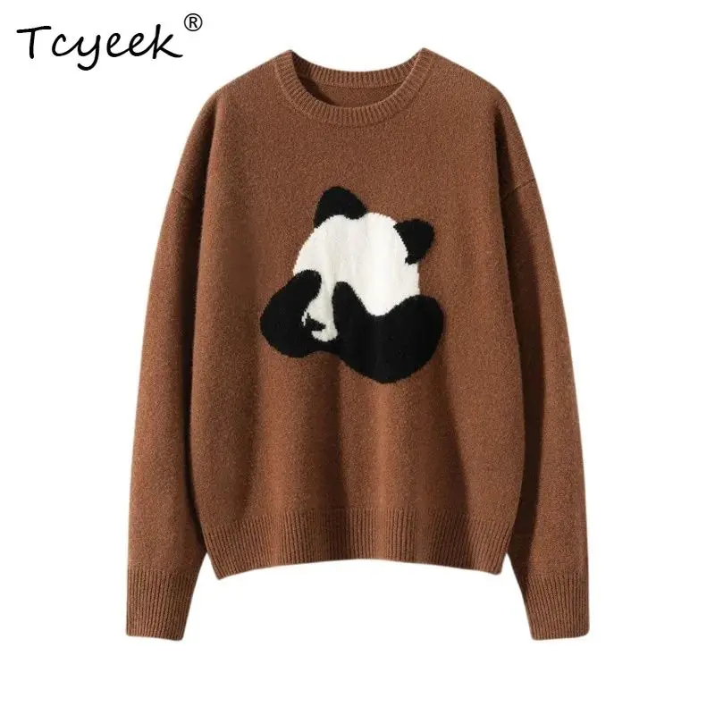 

Tcyeek, 35% Cashmere 65% Wool Elegant Sweaters, Women O-neck Cute Panda, Commute Loose Sweater, 2024 Autumn Winter T48504QC