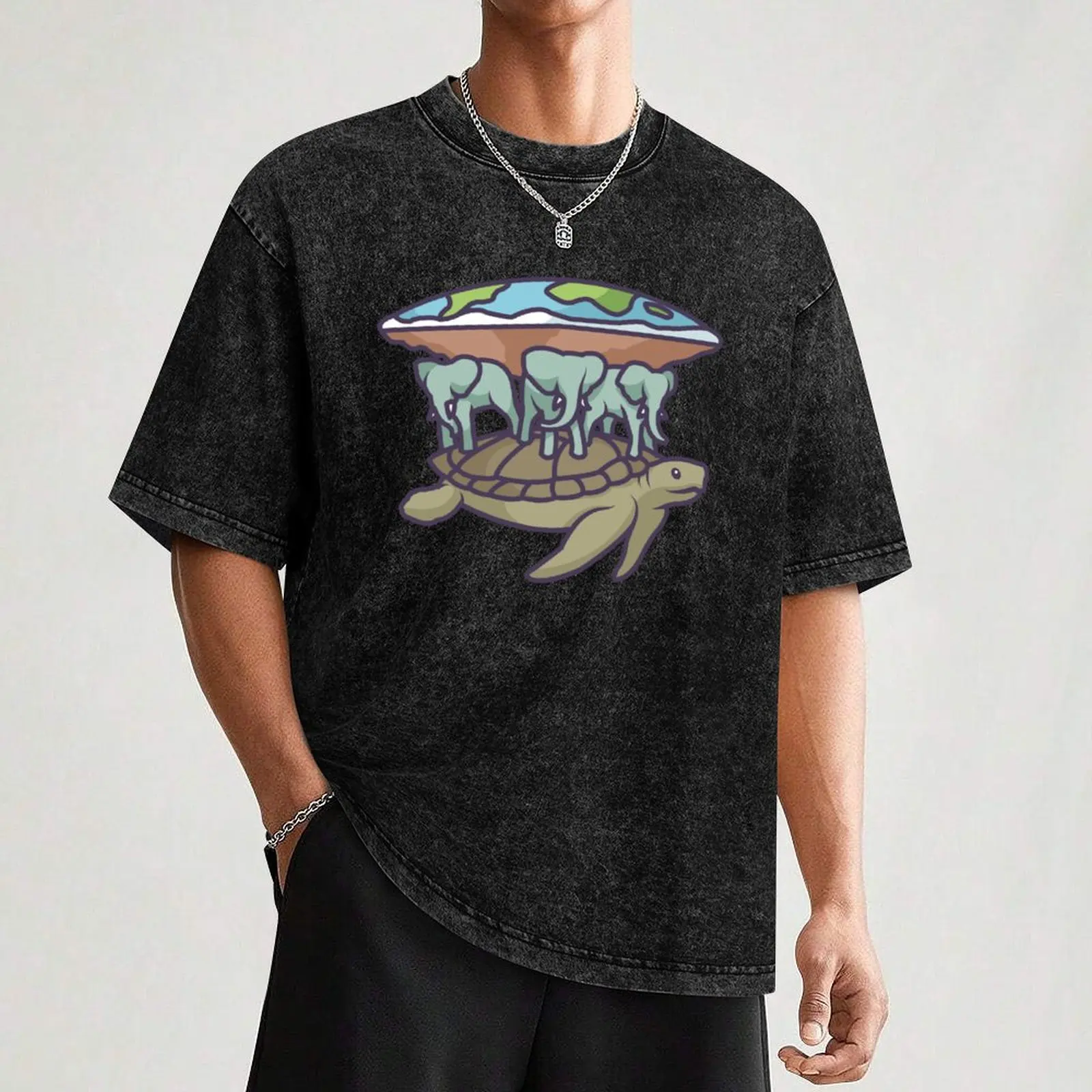 Elephants and Turtle Holding Flat Earth T-Shirt Casual Daily Graphic Tee