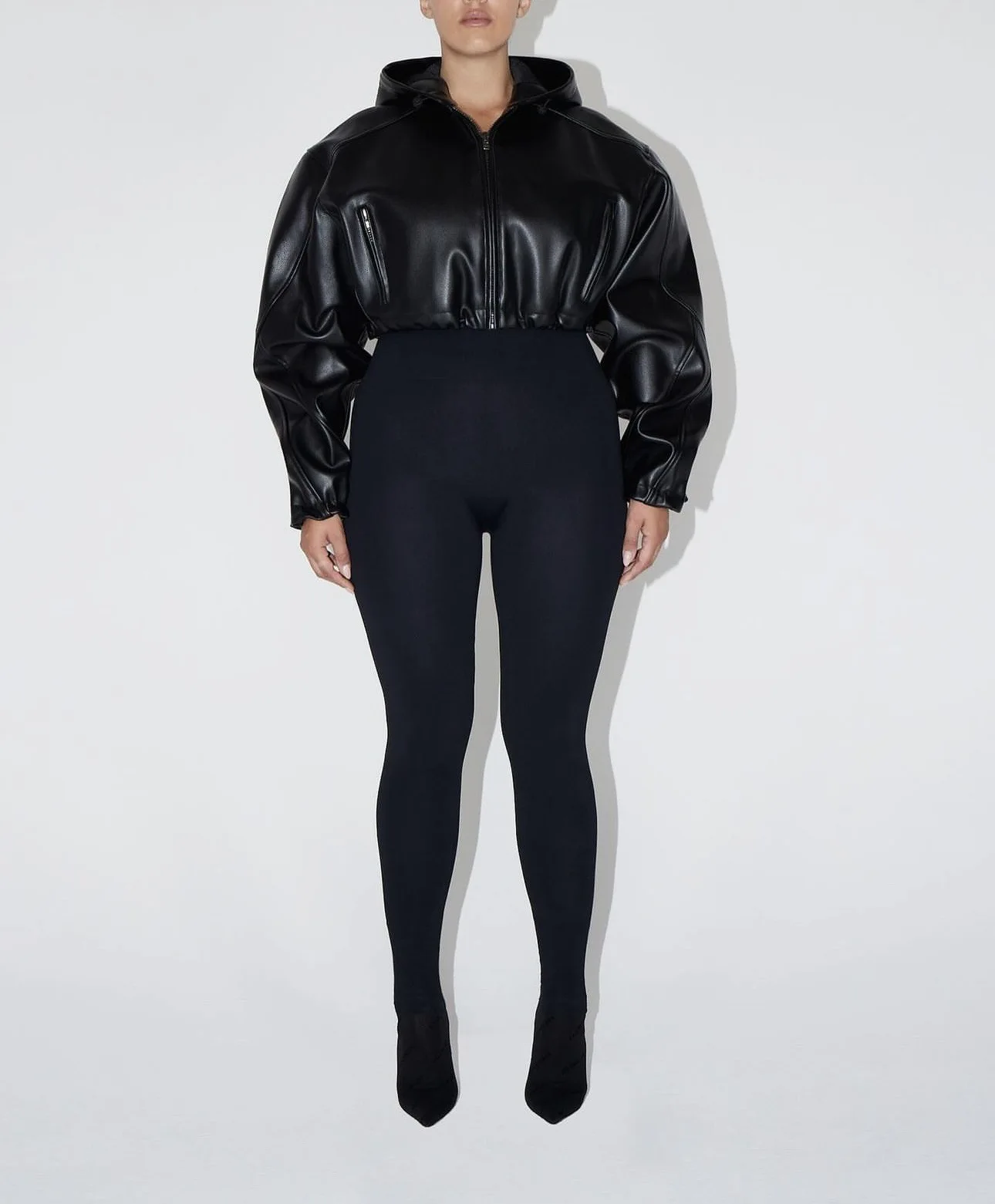 KHY kylie black hooded short leather jacket DROP001 series silhouette motorcycle wind jacket