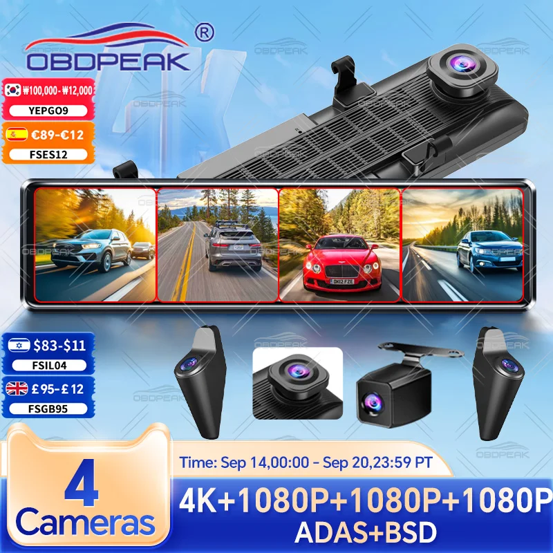 4K Dash Cam 4-Channel Record 1080P ADAS BSD Car DVR WIFI APP Rear View Mirror Auto Video Recorder Camera Ultra HD 24H Parking