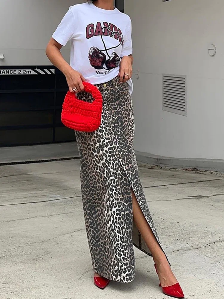 HOUZHOU Women Leopard Print Maxi Skirt Fashion Vintage Harajuku Split High Waist Straight Long Skirt Elegant Casual High Street