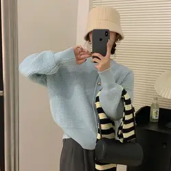 Hong Kong Style Vintage Sweaters Women's Clothing Solid Color Loose Autumn Winter Basic O-Neck Single-breasted Knitted Cardigan