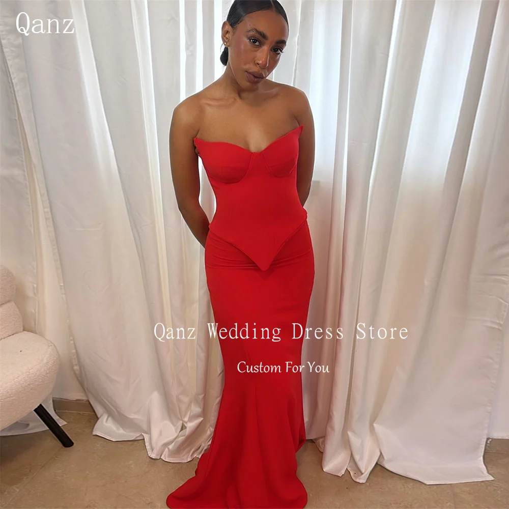 

Qanz Women Red Mermaid Prom Dresses Sweetheart Formal Evening Dress Satin Sweetheart 2 Pieces Robe Se Soirée Femme Customized