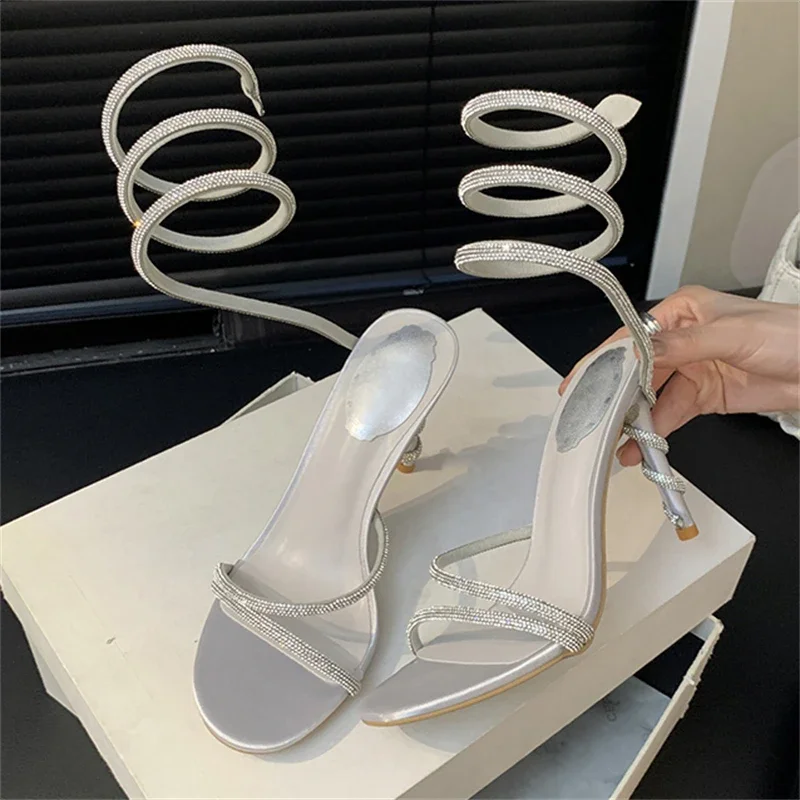 Aneikeh Luxury Glitter Rhinestones Snake Coiled Women Sandals Woman Open Toe Stiletto High Heels Wedding Party Stripper Shoes