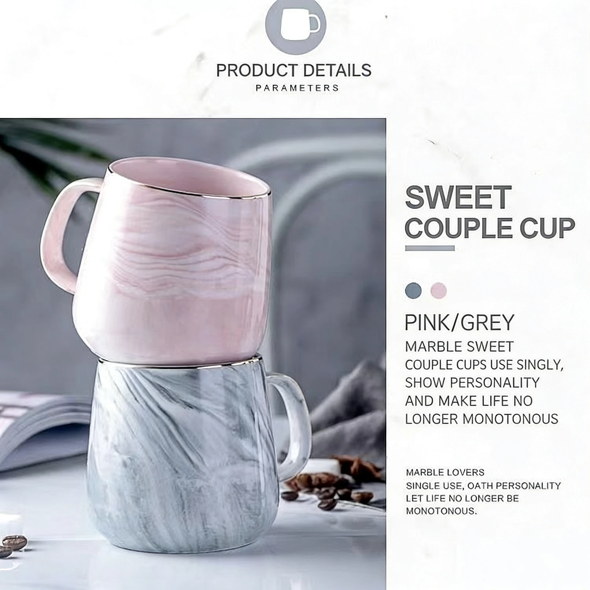 

12oz Marble Ceramic Coffee Mug with Gold Rim, Pink/Grey Marble Texture, Microwave Safe Coffee Cup for Office, Gift