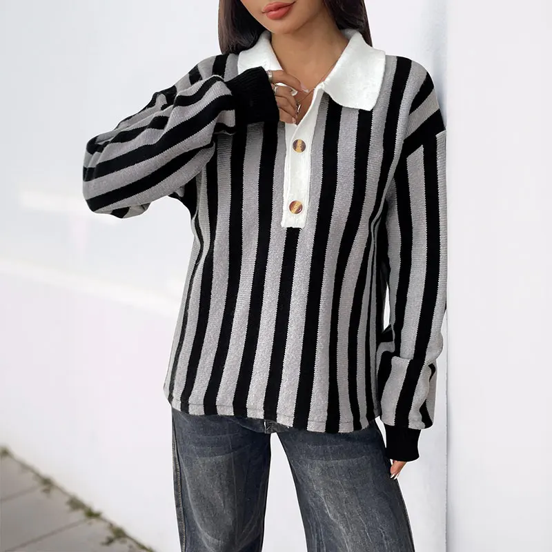 Benuynffy بدوره إلى أسفل طوق زر سترة المرأة الخريف والشتاء 2025 عمودي مخطط عادية بلوفر مغزول البلوز القمم