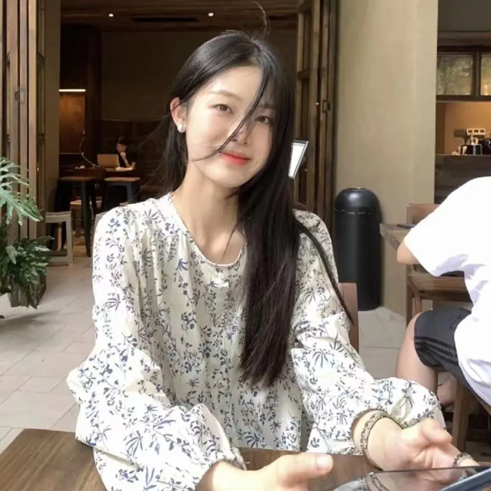 

Милая блузка с пышными рукавами в корейском стиле, свободная повседневная рубашка с цветочным принтом, топ в стиле ретро, кардиган, рубашка для женщин и девочек