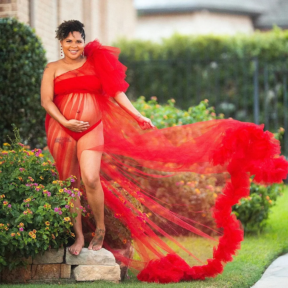 

Red See Through Tulle Maternity Gowns For Photoshoot Sexy High Slit Women Gowns One Shoulder Women's Dress Baby Shows Customize