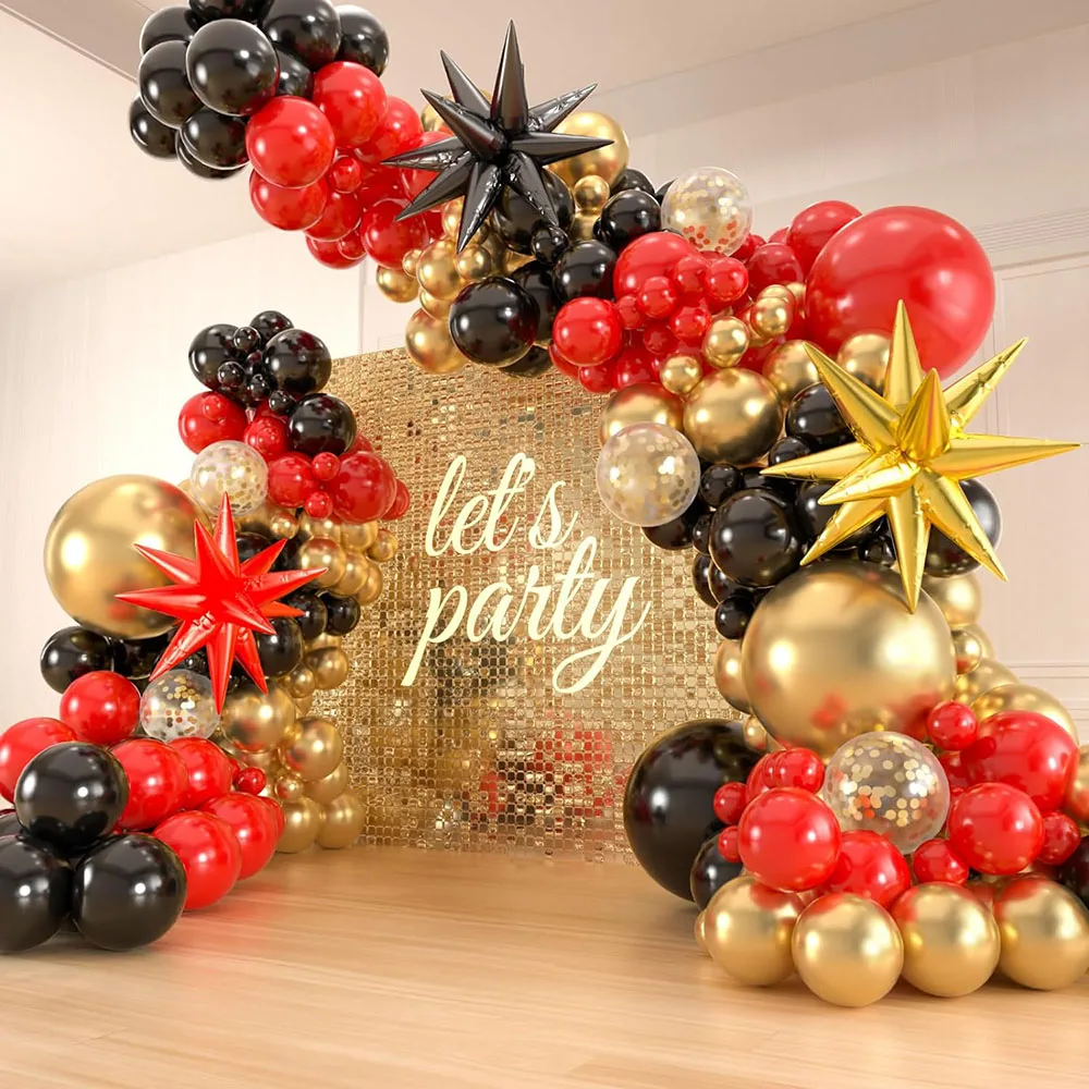 141 Rot- und Schwarzgold-Ballonbogen-Set, 18 12 10 5 Zoll rot-schwarz-goldene Konfetti-Ballongirlande mit 3 sternförmigen Luftballons für Las Vegas Night Hollywood-Geburtstagsdekoration