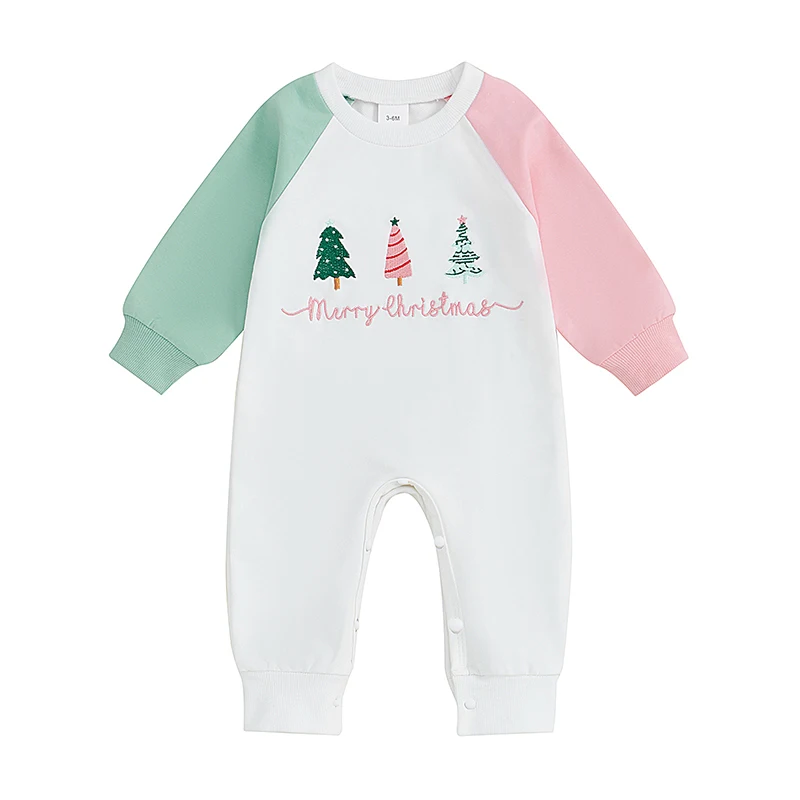 Christmas Baby Girl Romper with Long Sleeves and Round Neckline featuring Embroidered Tree Design - Adorable Winter Infant