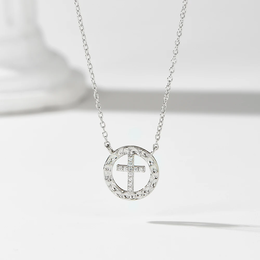 

FULSUN Minimalist Religious Cross Pendant 14K Gold/Rhodium Plated S925 Silver Textured Round CZ Choker For Women