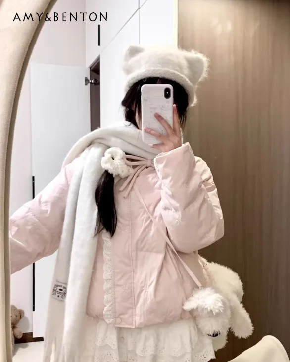 

2025 Winter Pink Short Simple Lace-Up Cotton Jacket Japanese Sweet Bow Embroidery Slim Casual Daily Cotton Jacket