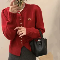 Butterfly Button Red Knitted Cardigan Women's Spring Autumn New Korean Style Fit Slimming Sweater Coat New Year's Christmas Top