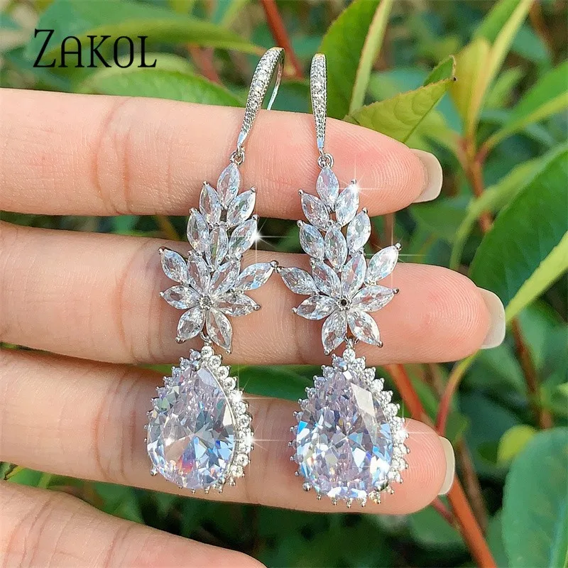 ZAKOL Big Water Drop Dangle Earrings For Women Exquisite Cubic Zirconia Leaf Hook Earring Bridal Wedding Jewelry