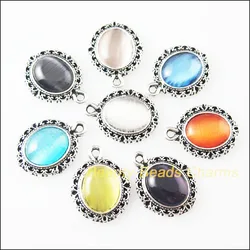 16Pcs Mixed Retro Tibetan Silver Stone Oval Charms Pendants 13.5x18mm