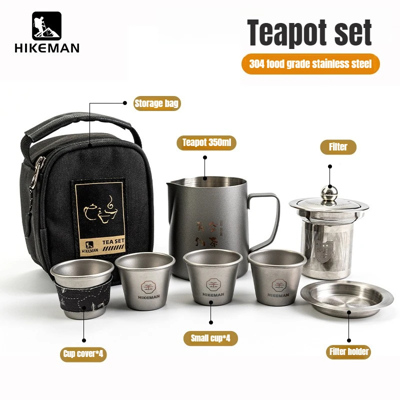 

Outdoor Camping Picnic 304 Stainless Steel Travel Tea Set Portable Kung Fu Tea Set One Pot of Four Cups with Tray Tea Cup