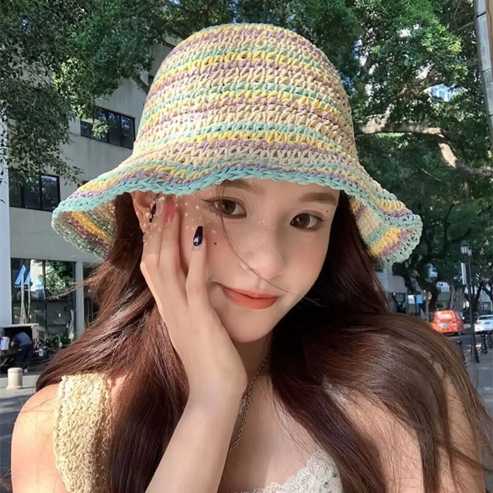

Korean Summer Beach Straw Cap Handmade Women's Rainbow Sun hat Striped Wide Brimmed Bucket Hat Travel
