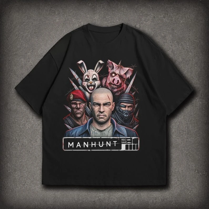 Manhunt Horror Game Poster Graphic T Shirt Men Retro Skull Mask Print Short Sleeve Tee Casual Streetwear Vintage Oversized Tops