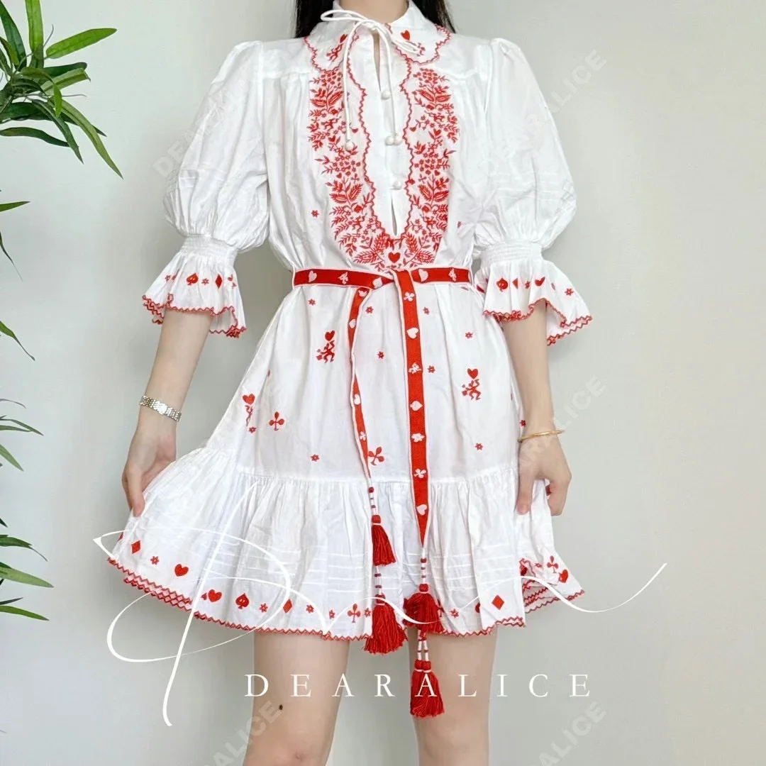 

Women Embroidery Heart Flare Sleeve Turn-down Collar Cotton Mini Dress
