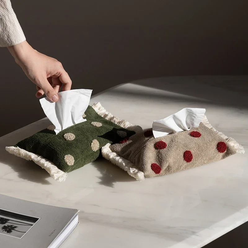 【Premium】AhunderJiaz Wave Dot Fringe Tissue Box Creative Plush Paper Boxs Cute Storage Bag Home Decoration Ornaments