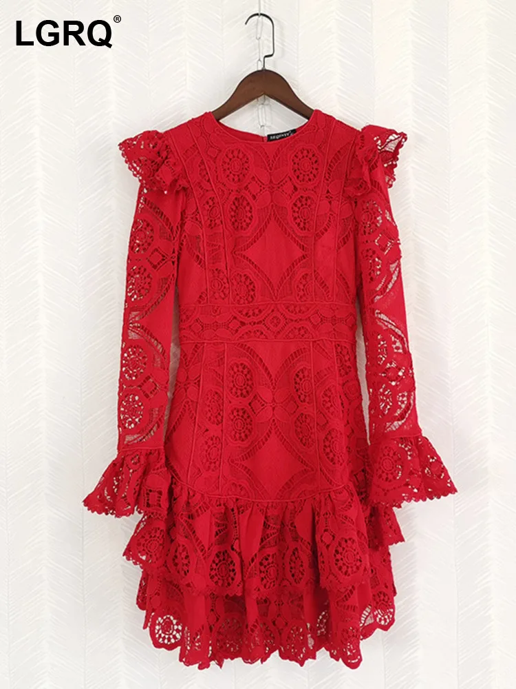 

LGRQ Women's Mid Length Dress Fashion Long Sleeve Lace Hollow Lower Waist Evening Party Cake Dresses 2024 Summer New Clothes