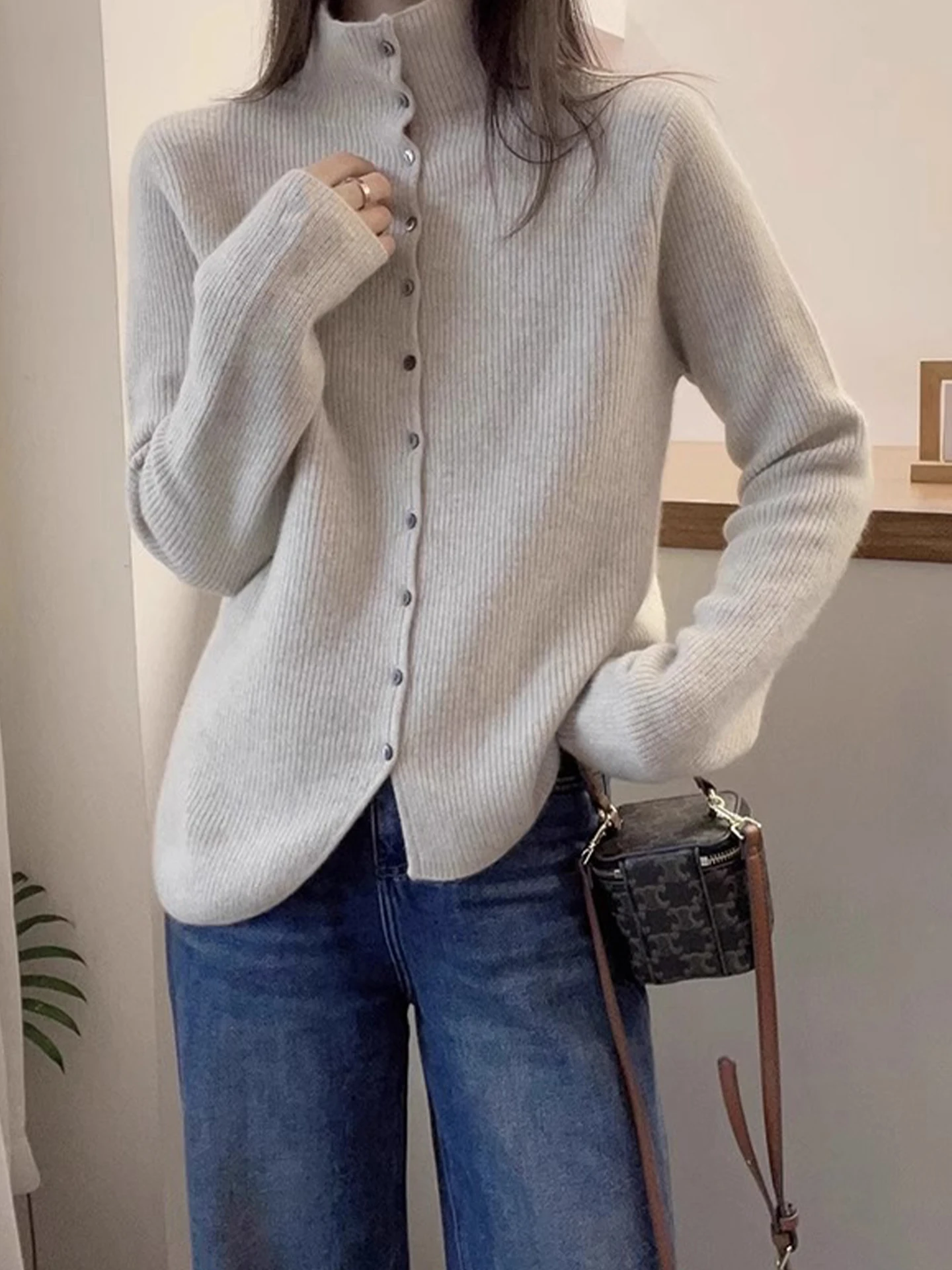 

Ele вязаный кардиган с высоким воротником, женский свитер-камерер, длинный свек, модный осенне-зимний новый универсальный топ