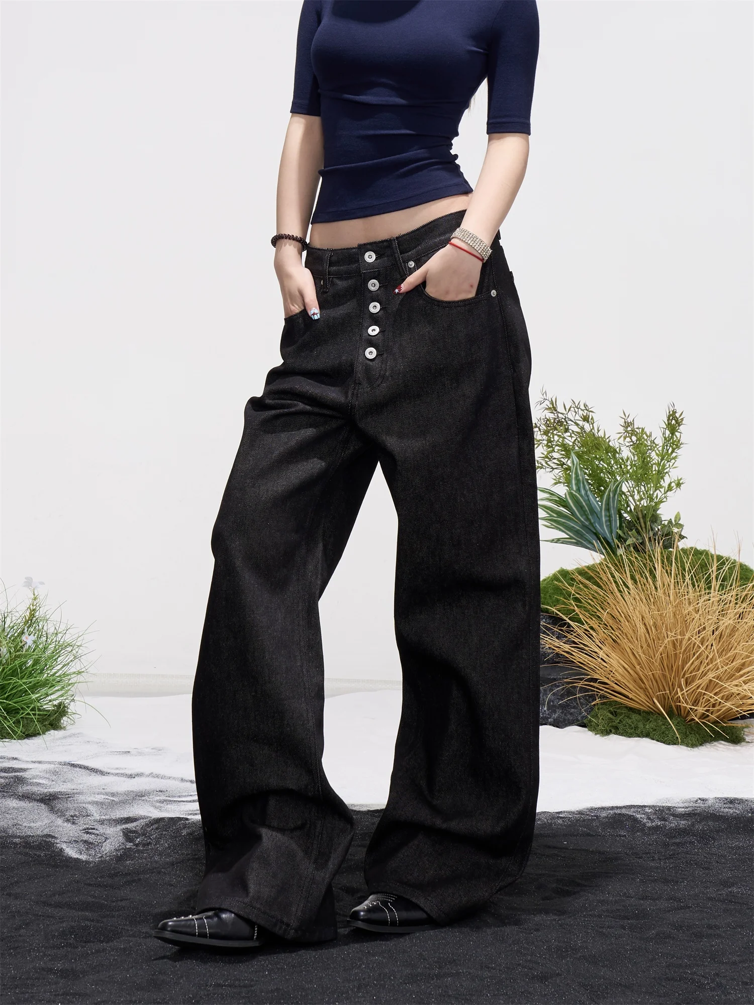 

ONLPP American Retro Washed Wide Leg Jeans Women's Loose Straight Casual Black Long Pants Slimming Versatile Spring Fashion