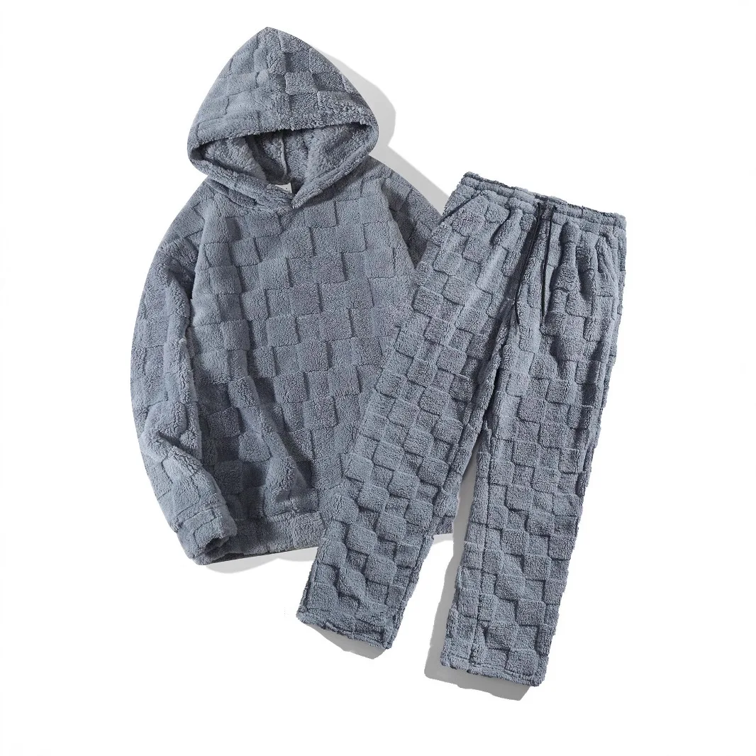 

Autumn and winter new style checkered double-sided plush hooded sweater and pants two-piece casual men's set
