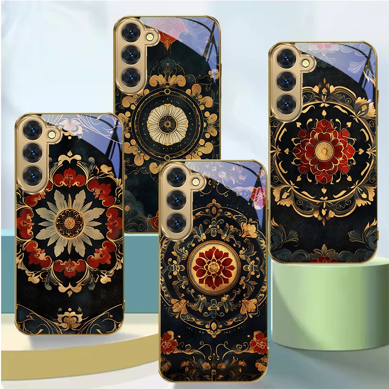 Golden Lotus Flower Pattern For Samsung Galaxy S26 S20 FE S21Plus S22 23 Plus S24 Ultra S25 S21+ S9 S22 Golden glass phone case