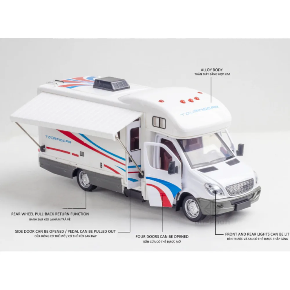 1:32 Alloy Diecast Touring Car Model Toys 3 Doors Opened Sound Light Campervan RV Trailer Vehicles Childrens Toy Gift Collection