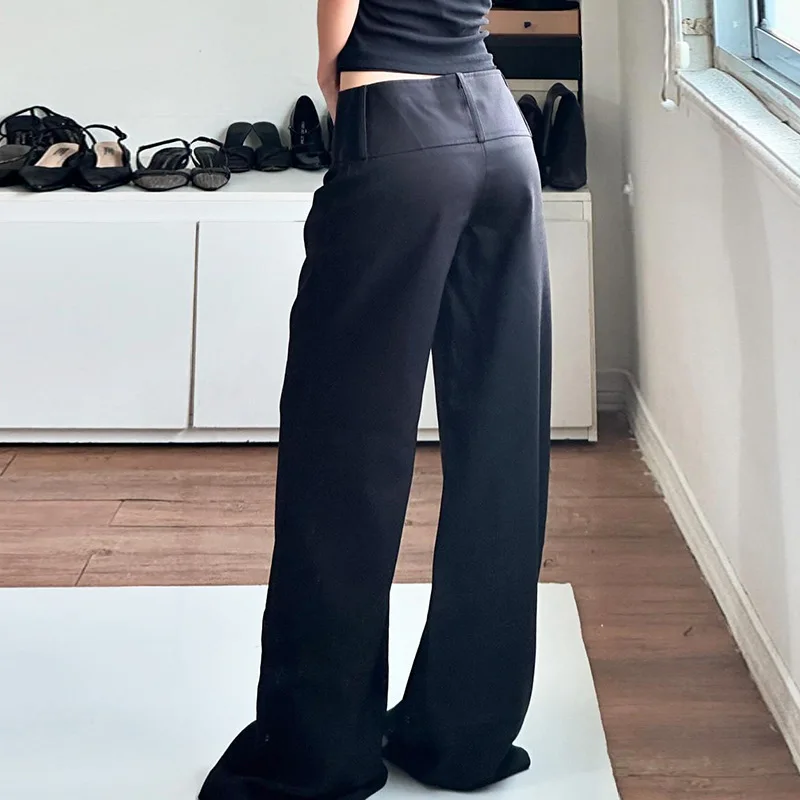 Women's Low Waist Wide-Leg Suit Pants-Black Minimalist Versatile Figure-Flattering Trousers for Edgy Streetwear Office Casual