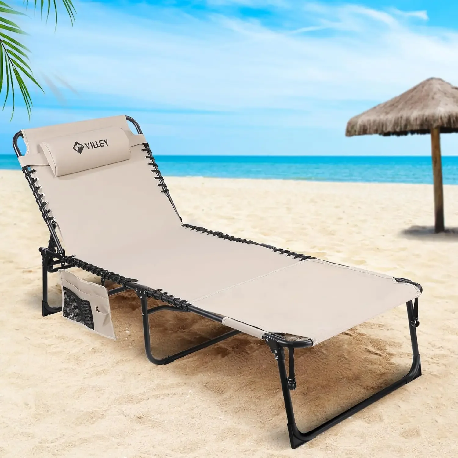 Oversized Chaise Lounge Chair with Face Hole, Portable Tanning Chair, Adjustable Reclining Beach Chair, Outdoor Heavy-Dut