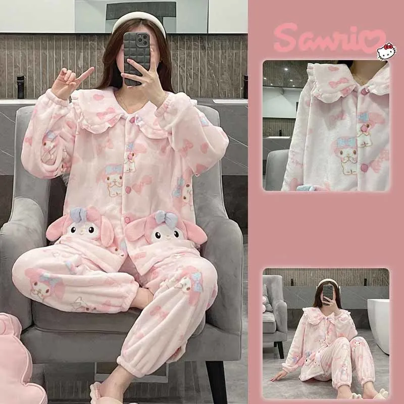 

Sanrio Melody Pink Pajamas Suit Y2k Clothes Cartoon Cinnamon Coral Fleece Soft Tops Pants 2 Piece Set Women Plush Sleepwear Gift