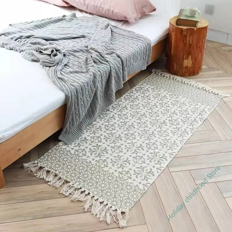 

Luxurious Bohemian style cotton linen soft carpet handmade tassel carpet living room bedside mat