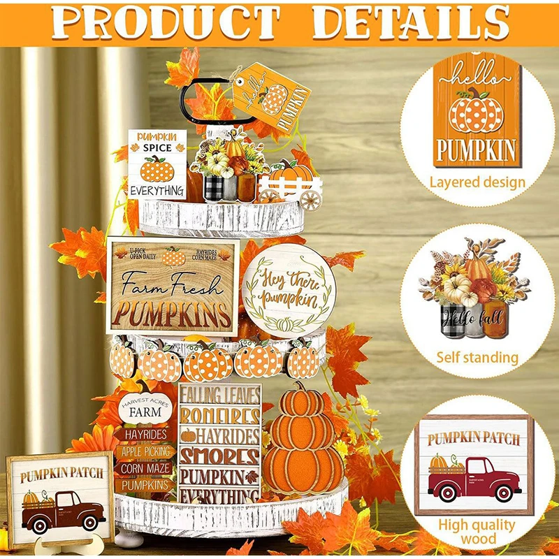 Fall Harvest Wooden Tiered Tray Decor Thanksgiving Desktop Decoration Centerpieces With Pumpkin Spice And Maple Leaf Accents