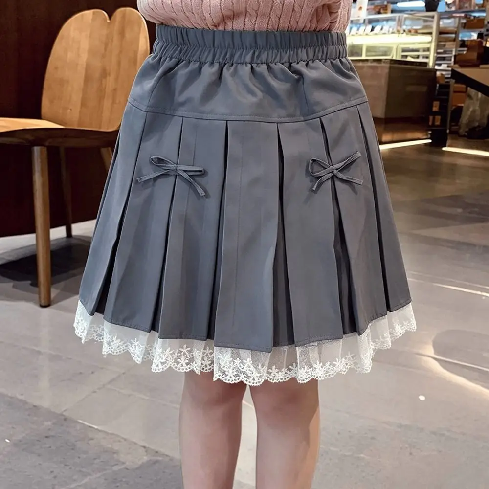 Fashion Bowknot Girl Pleated Skirt Pleated Design Lacw Edge Pleated Skirt Clothes Black Grey Uniform Style Uniform Skirt
